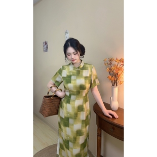旗袍大码 青提 改良版 显白绿色格子新中式 胖mm轻薄凉快夏 自制款