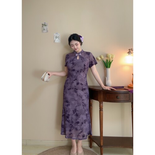 胖妹妹日常紫色新中式显瘦旗袍