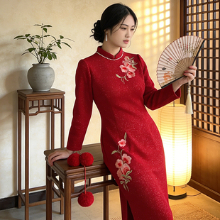 秋冬加厚新娘订婚连衣裙回门敬酒服中式中国风刺绣显瘦大码~绣花