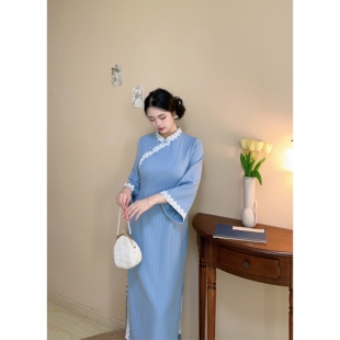 胖mm新中式 林徽因 文艺大码 蓝色条纹日常款 旗袍连衣裙 自制款