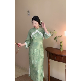胖mm新中式 绿野青山 绿色显白小清新大码 早秋新品 旗袍裙 自制款