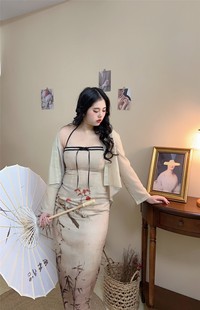自制款 开衫 大码 国风禅意竹子挂脖连衣裙 两件 胖mm新中式 现货