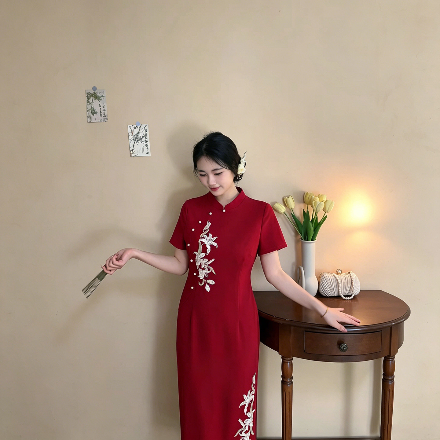 红百合【自制款】新中式红色旗袍大码胖mm订婚敬酒服长连衣裙刺绣