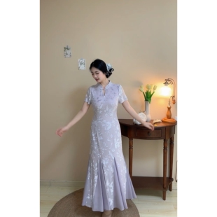 改良鱼尾旗袍胖mm高级 丁香紫清冷仙气提花新中式 紫烟凝 自制款