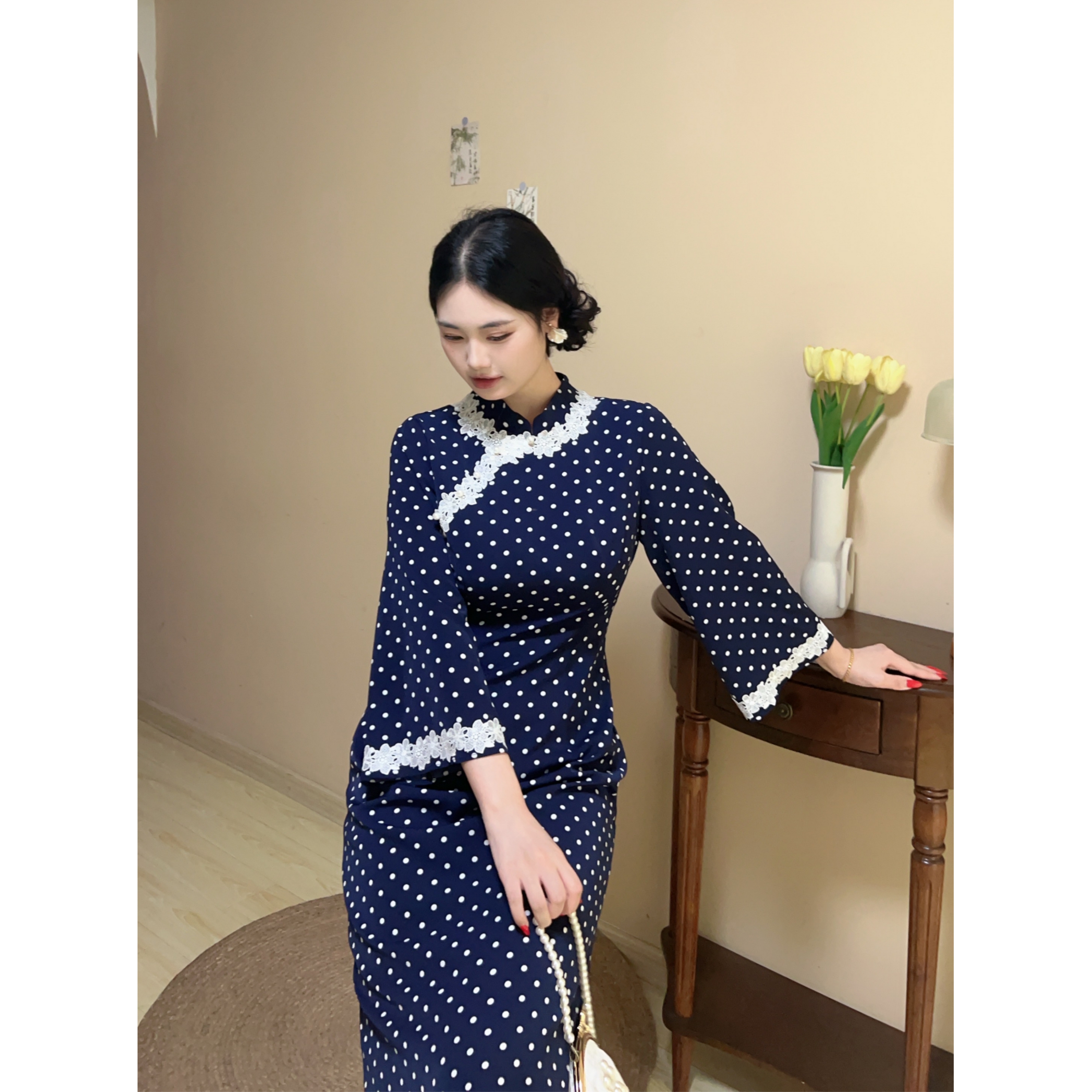 遇见大码胖妹妹复古波点显瘦旗袍