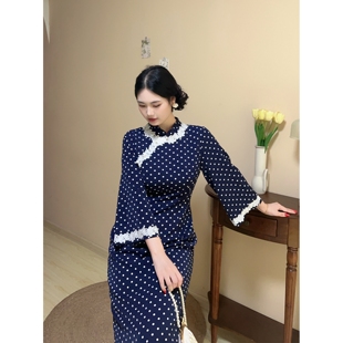 胖mm藏青色蕾丝花边波点新中式 大码 旗袍显瘦连衣裙 自制款 青玉
