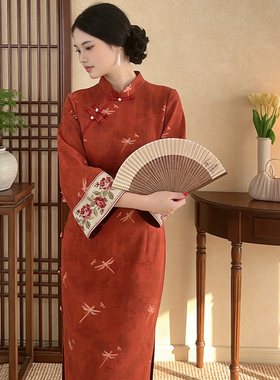 国风复古大码女装长款中国风春款红色优雅婚礼敬酒服连衣裙红眉