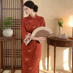 国风复古大码女装长款中国风秋冬款红色优雅婚礼敬酒服连衣裙红眉