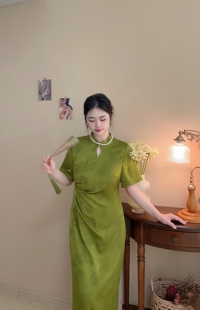 醋酸提花缎面显白绿色新中式 旗袍大码 自制款 春山玉 胖mm200斤