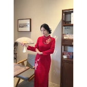 绣花 胖mm刺绣花朵订婚敬酒服旗袍裙女 自制款 高贵红色喜庆大码