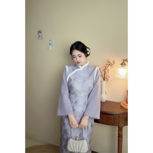 胖mm旗袍裙加绒新中式 紫色绝美显白毛绒竹叶大码 女 自制款 凝紫