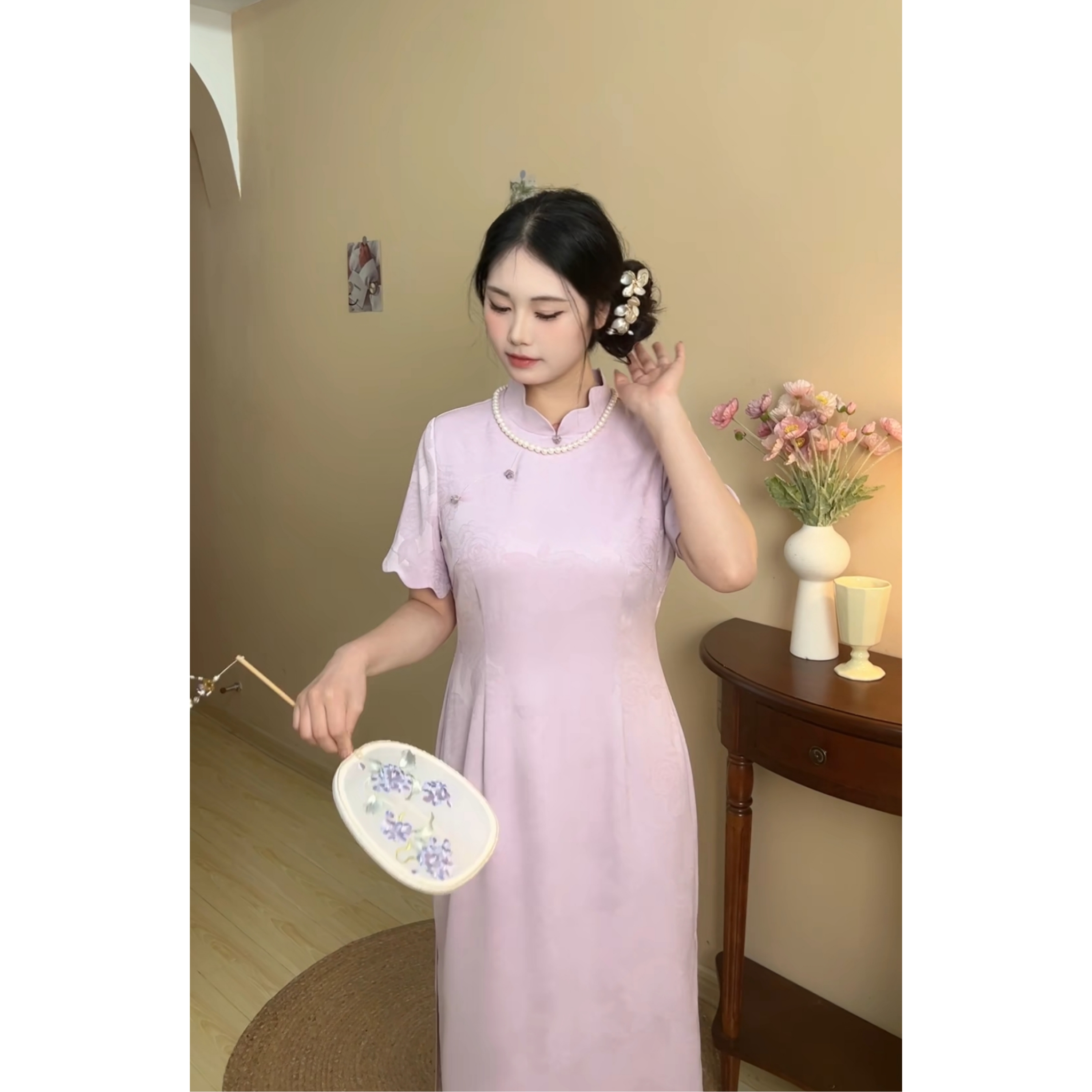 遇见大码紫色提花温柔新中式旗袍