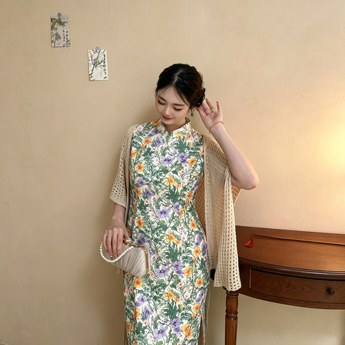 遇见大码新中式夏季无袖印花旗袍