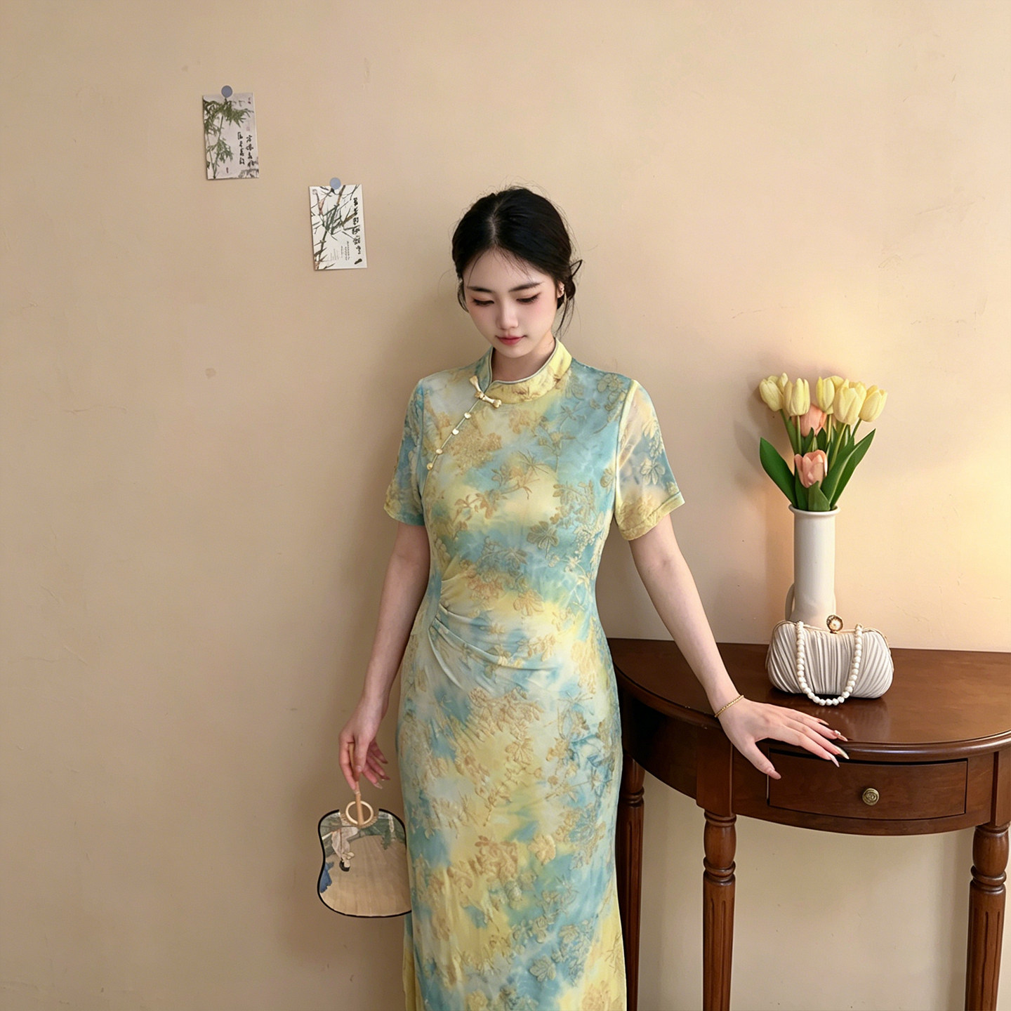 青雾【自制款】新中式晕染黄绿渐变扎染网纱新中式显瘦旗袍连衣裙