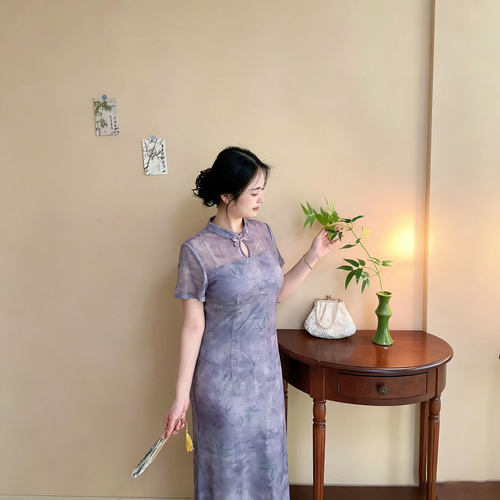 新中式夏季紫色短袖晕染竹叶旗袍