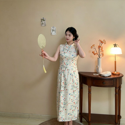 水彩花境【自制款】原创定制新中式温柔风碎花晕染大码胖mm旗袍裙