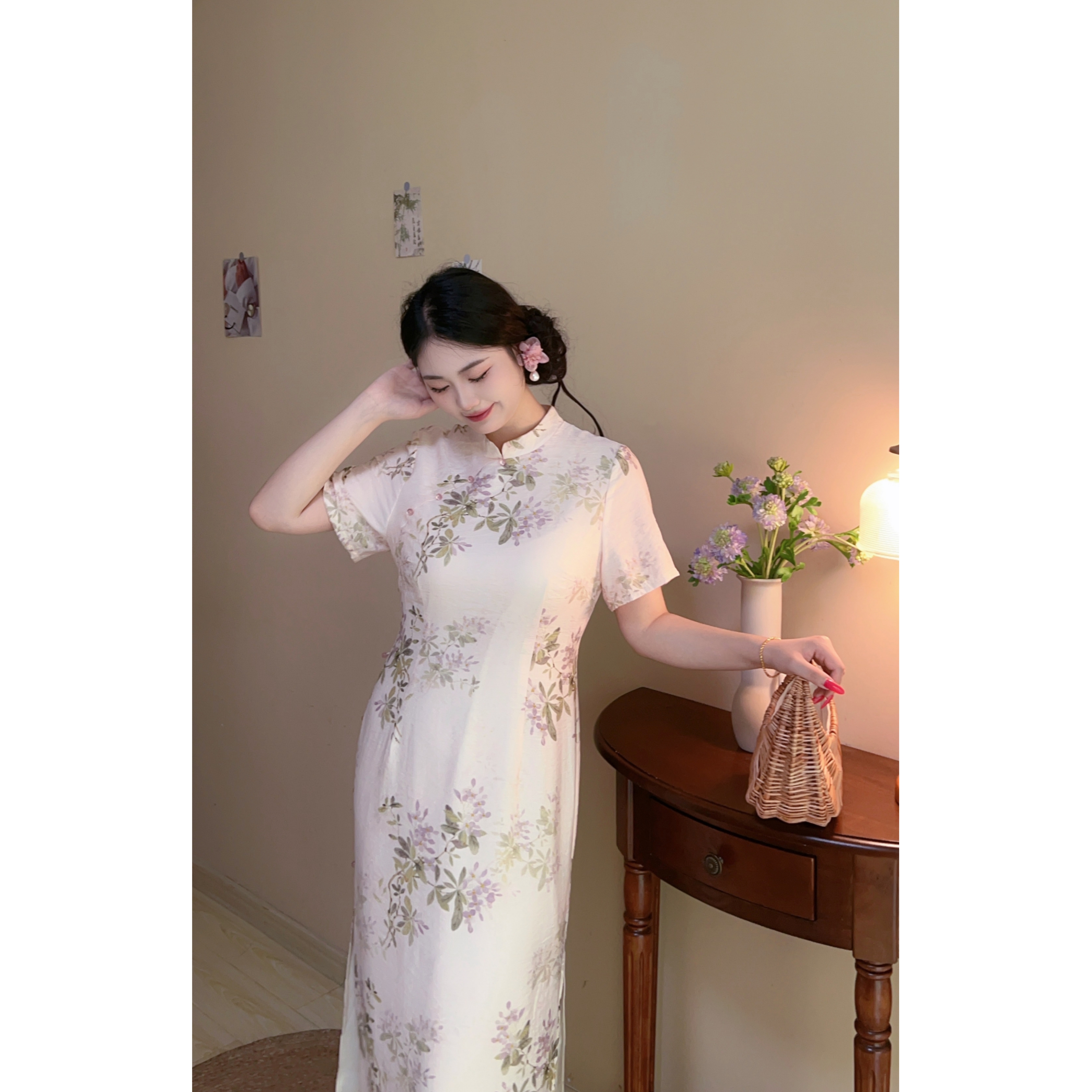 花吟【自制款】人棉柔软小清新桂枝新中式大码胖mm年轻少女连衣裙