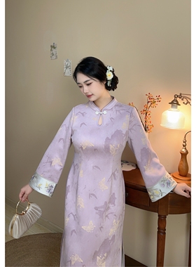 夜莺【自制款】小清新显白紫色加绒加厚刺绣旗袍大码胖mm连衣裙冬