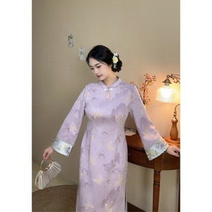 胖mm连衣裙冬 小清新显白紫色加绒加厚刺绣旗袍大码 夜莺 自制款