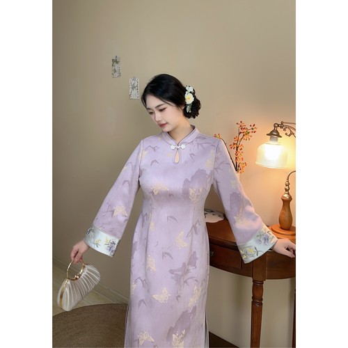 遇见大码紫色中式加绒小清新旗袍