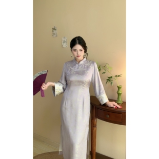 胖mm新中式 绝美浅紫色高级温柔大码 旗袍气质连衣裙 自制款 紫翠
