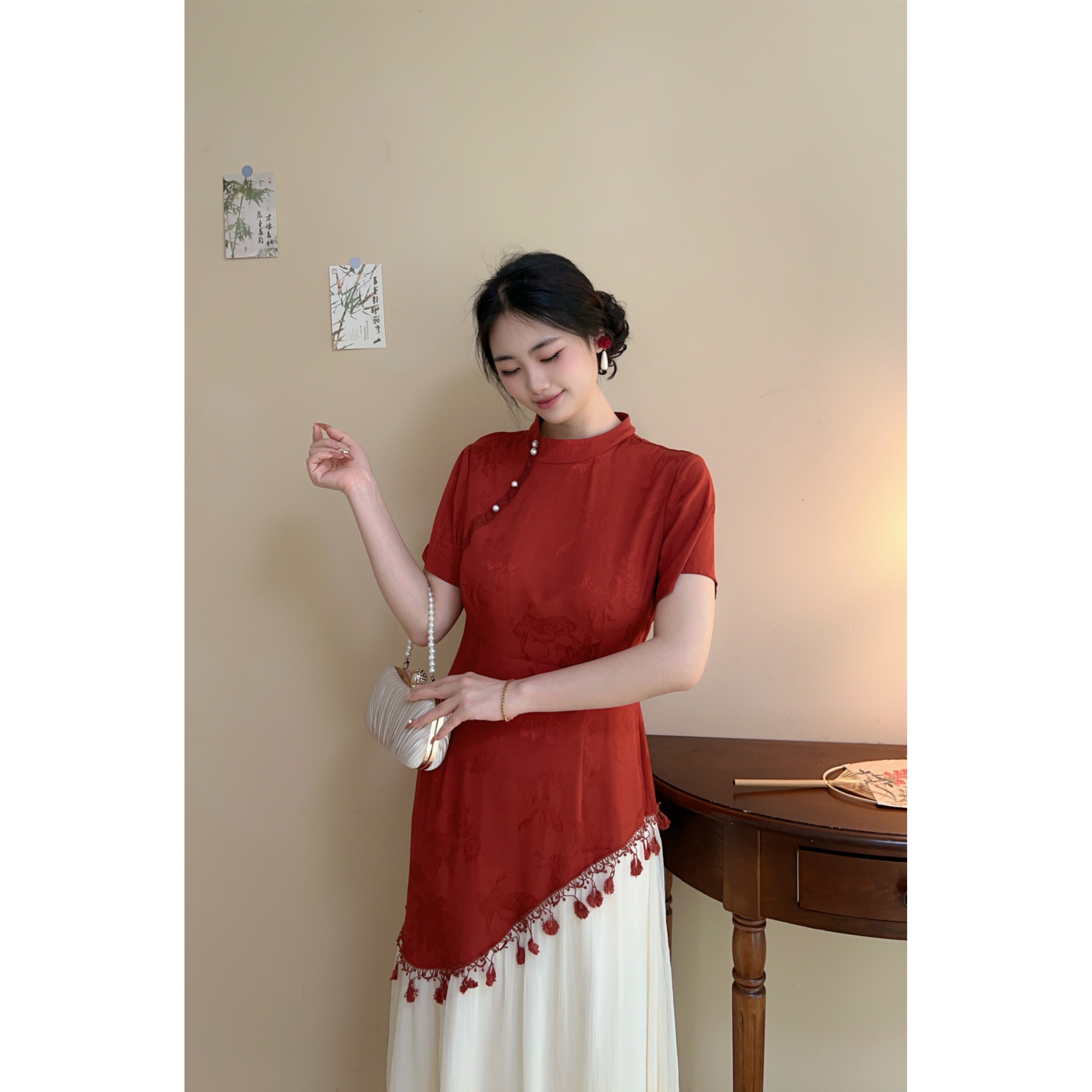 新中式夏季红色假两件订婚连衣裙