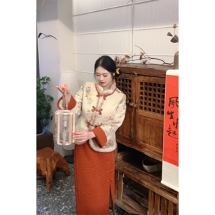 自制款 胖mm套装 贺岁新中式 撒金加绒半身裙大码 显瘦 棉服 欢喜