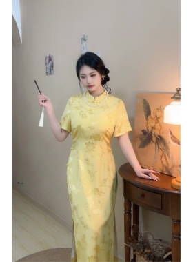 梨云【自制款】淡黄色提花缎面柔和温婉大码胖mm旗袍清新高端女夏