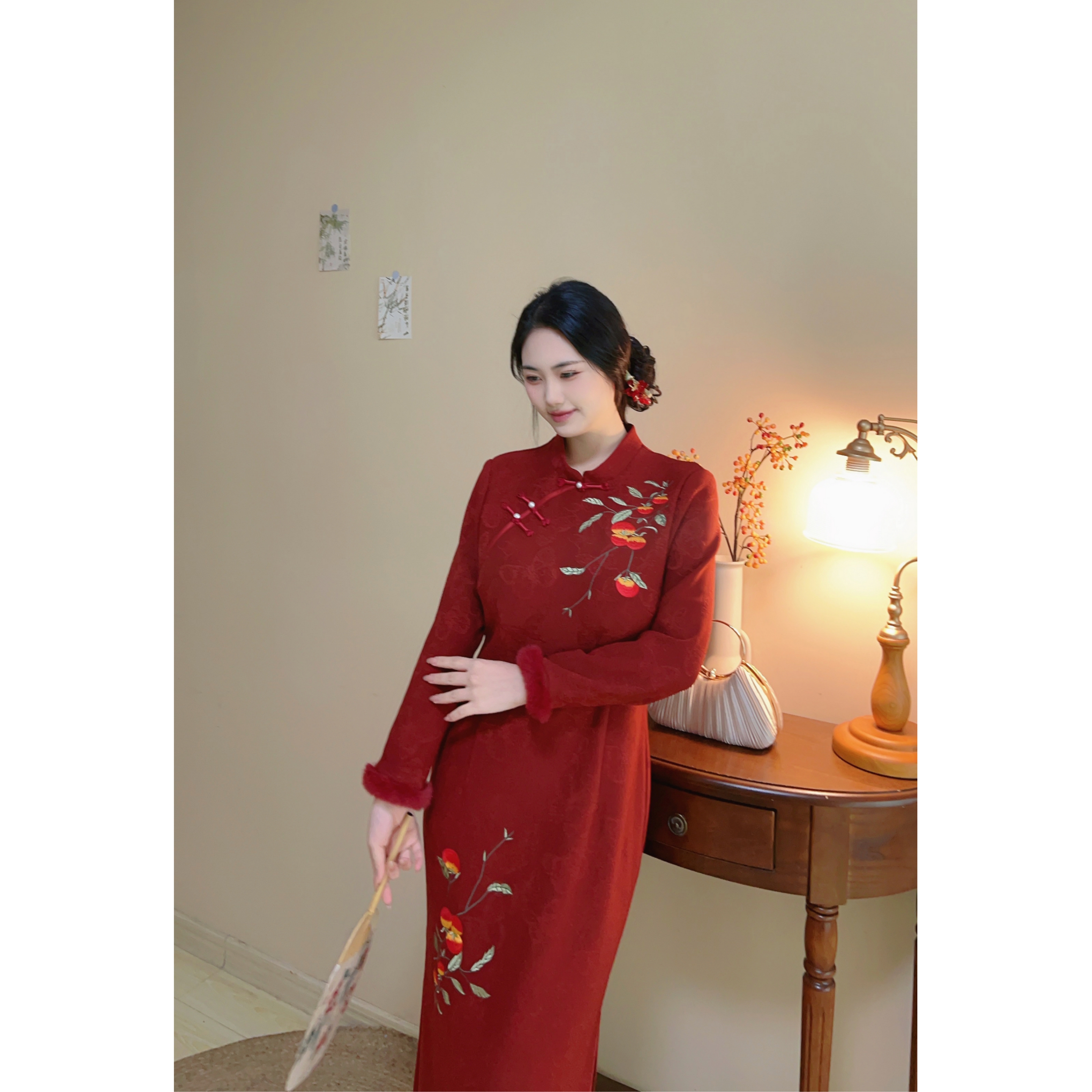 遇见大码冬季红色加绒订婚旗袍