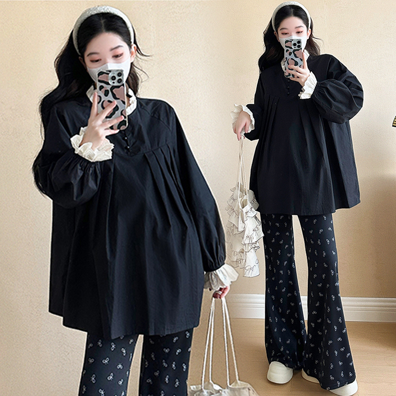 大码孕妇装春季衬衫娃娃领上衣女