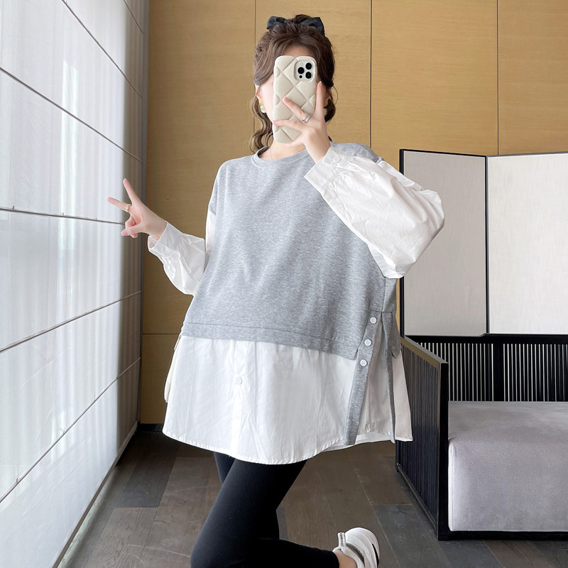 대형 출산 운동복 가을 정장 가짜 투피스 패치 워크 셔츠 탑 여성 패션 슬릿 긴팔 티셔츠 200 파운드