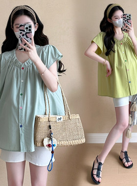 大码孕妇娃娃衫上衣女夏V领显瘦
