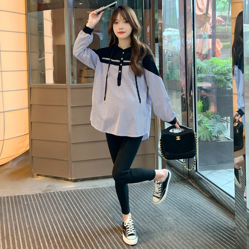 플러스사이즈 산모 스웻셔츠 봄 가을 스플릿 스트라이프 긴팔 상의 슬림 수유 다재다능 스타일리쉬 트렌디한 엄마 200파운드