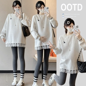 中长款 时尚 t恤蕾丝拼接打底上衣女200斤 孕妇卫衣2026春秋新款 大码