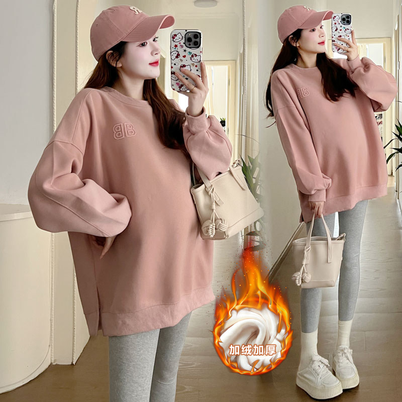 초대형 임산부 스웨트 셔츠 봄과 가을 패션 다용도 외국 스타일 여성용 연령 감소 루즈 탑 중간 길이 트렌디 한 엄마 200 파운드