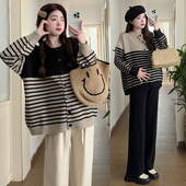大码 休闲百搭外套200斤 宽松显瘦减龄条纹毛衣开衫 孕妇装 秋冬时尚