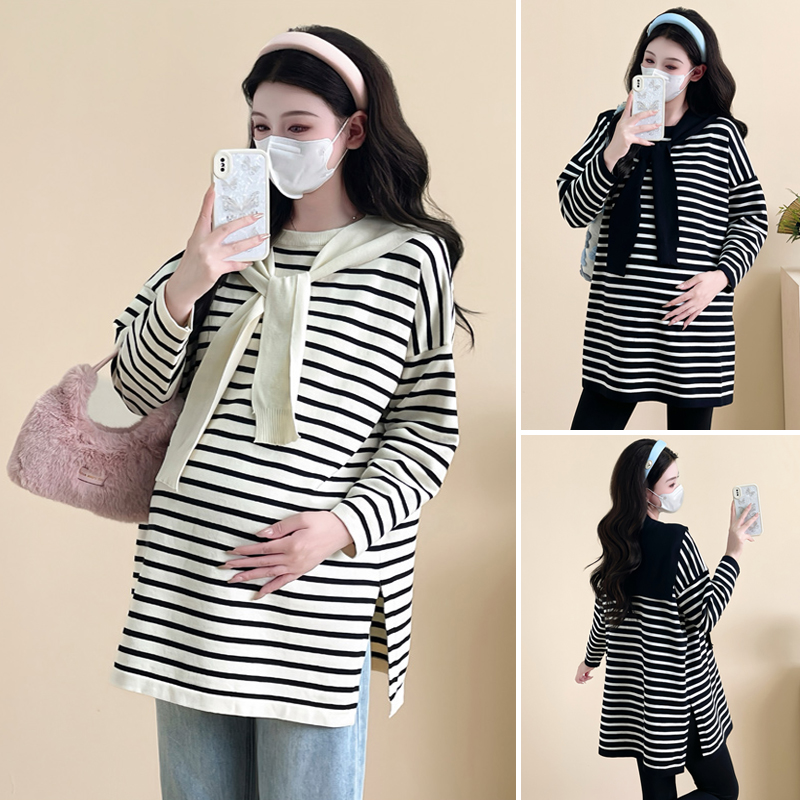 孕妇卫衣秋冬针织衫条纹披肩上衣