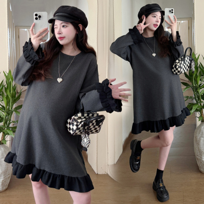 大码孕妇连衣裙秋冬花边毛呢裙女