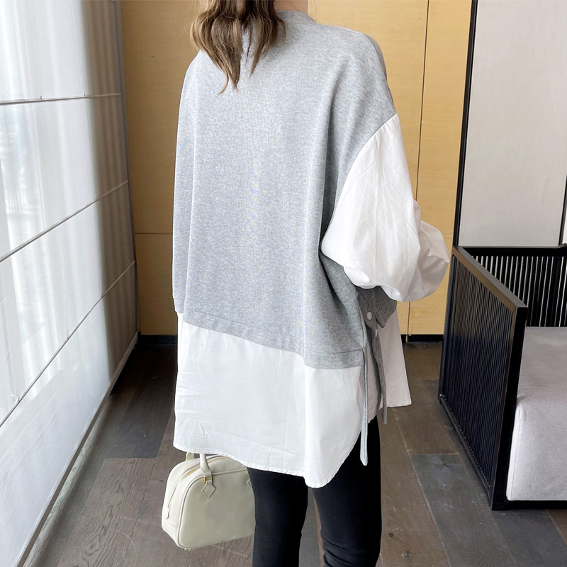 대형 출산 운동복 가을 정장 가짜 투피스 패치 워크 셔츠 탑 여성 패션 슬릿 긴팔 티셔츠 200 파운드