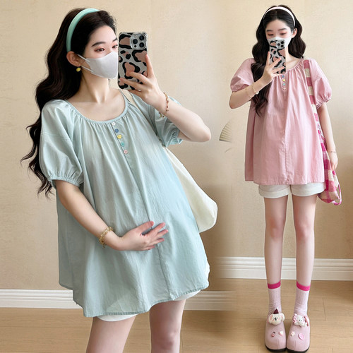 大码孕妇娃娃衫夏上衣女方领气质