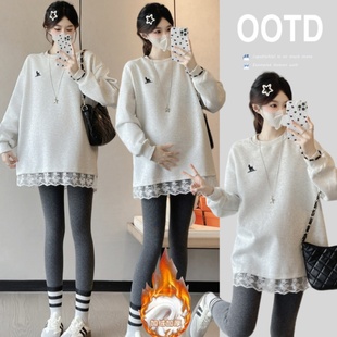 中长款 时尚 t恤蕾丝拼接打底上衣女200斤 孕妇卫衣2025秋冬新款 大码