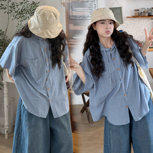 大码孕妇衬衫夏季新款中长款时尚连帽防晒条纹上衣女可哺乳200斤