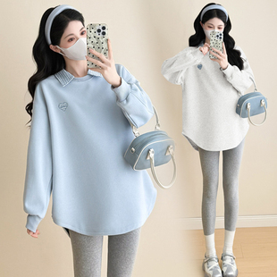 刺绣拼接格子衬衣领上衣女气质减龄200斤 中长款 大码 孕妇卫衣秋装