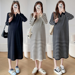 大码 2025过膝长裙条纹针织翻领宽松气质减龄200斤 孕妇连衣裙秋季