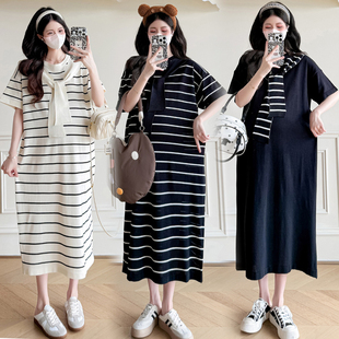 大码孕妇装连衣裙2026夏季新款披肩条纹宽松显瘦气质中长款200斤