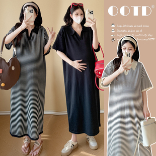 大码孕妇连衣裙夏装2026新款针织翻领条纹长款韩版宽松显廋200斤