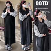 衬衫 大码 时尚 连衣裙春秋2026新款 领拼接假两件卫衣裙200斤 孕妇装