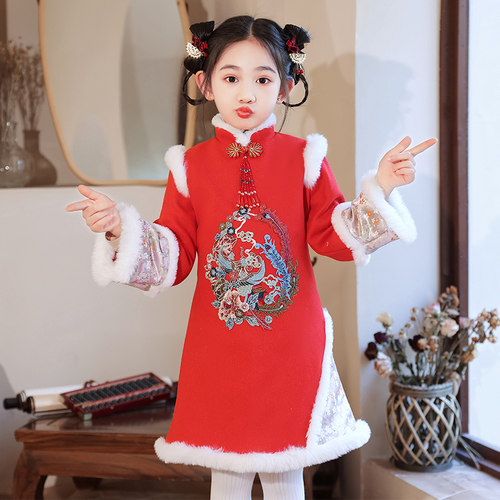 加绒加厚冬女童中国风唐装拜年服