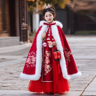 女童汉服冬季加绒加厚红色唐装襦裙儿童古风古装女孩过年装拜年服
