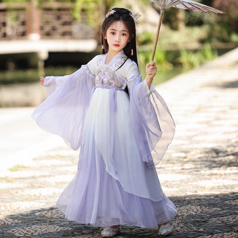 女童汉服夏季超仙飘逸紫色儿童唐装襦裙女孩古装古筝演出服连衣裙